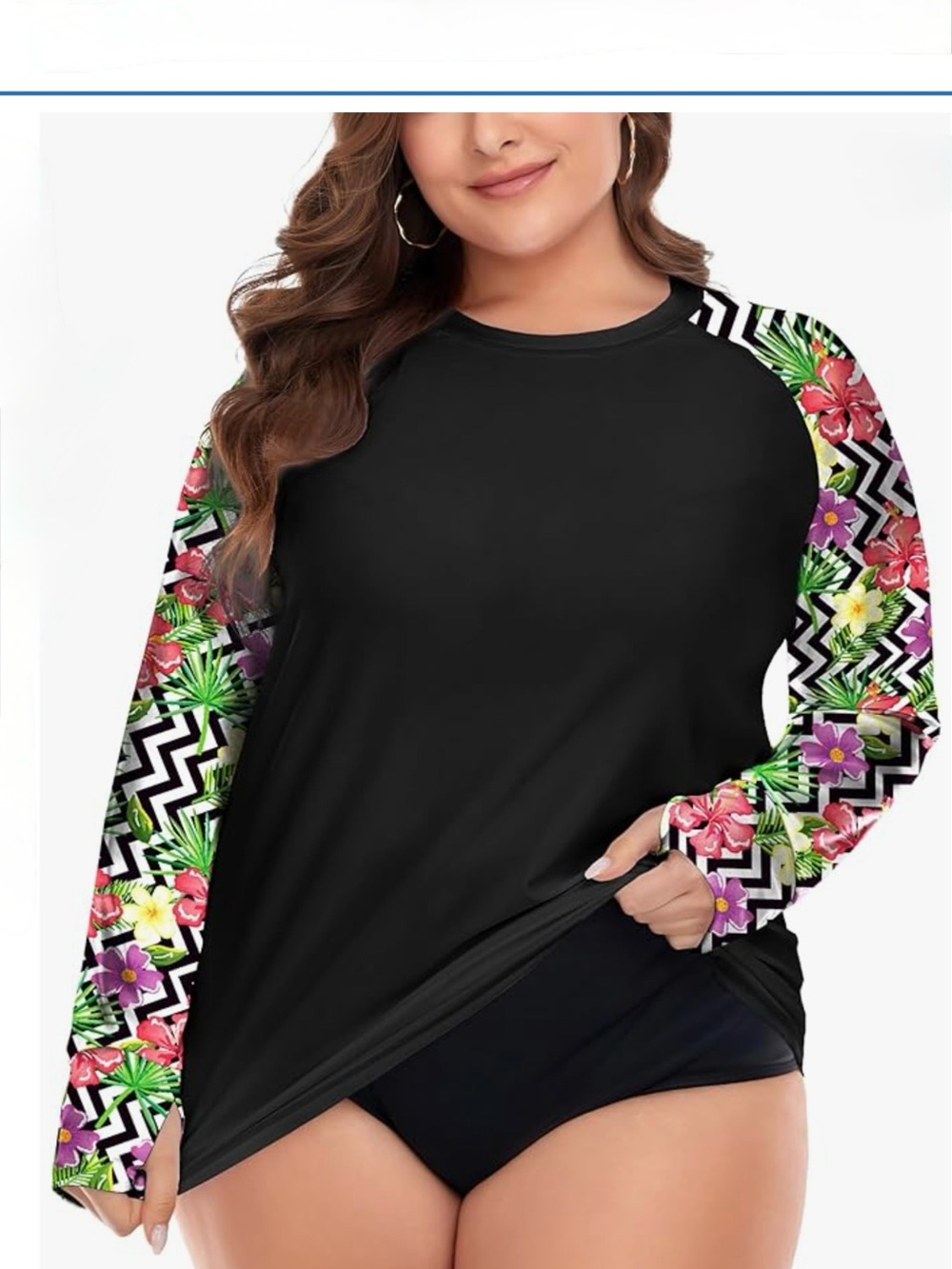 Plus Size Black Rash Guard with Floral Chevron Sleeves